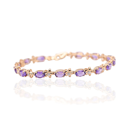 Amethyst and Diamond Floral Bracelet 14K Yellow Gold 7in