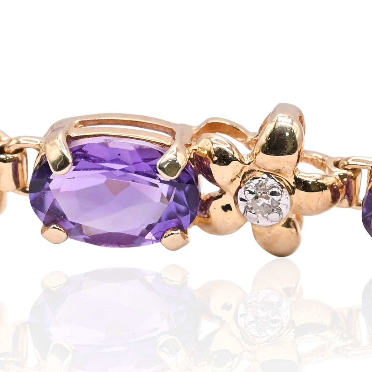 Amethyst and Diamond Floral Bracelet 14K Yellow Gold 7in