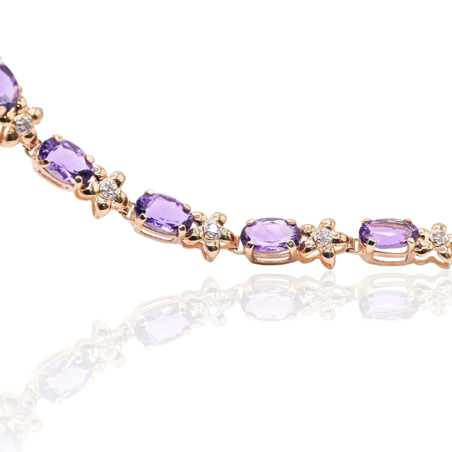 Amethyst and Diamond Floral Bracelet 14K Yellow Gold 7in