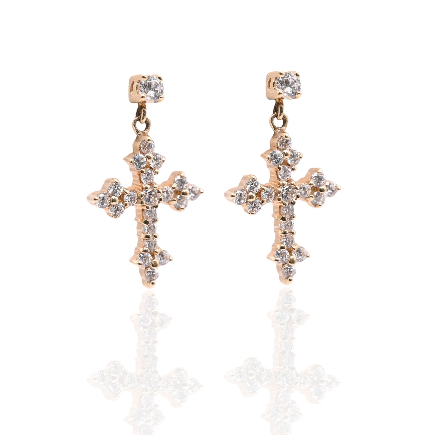 Cubic Zirconia Budded Cross Dangle Earrings 14K Yellow Gold