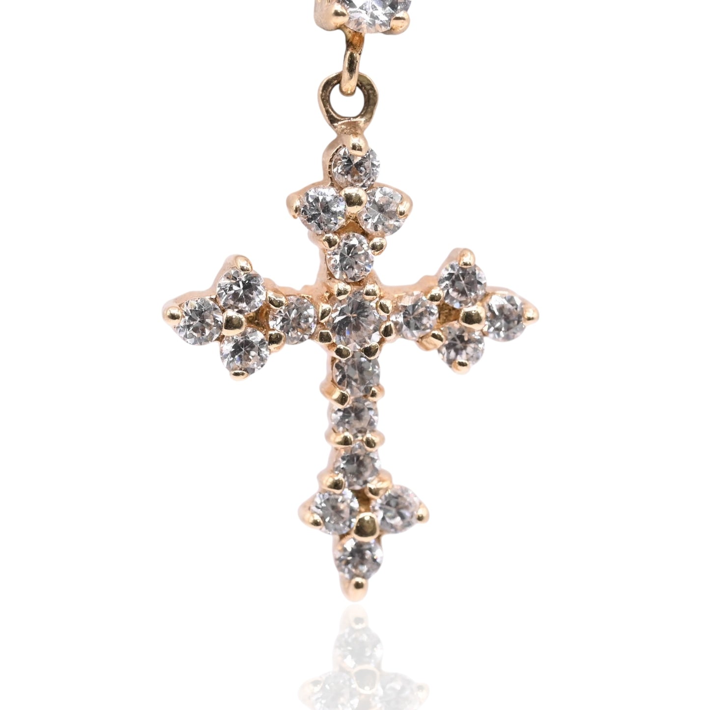 Cubic Zirconia Budded Cross Dangle Earrings 14K Yellow Gold