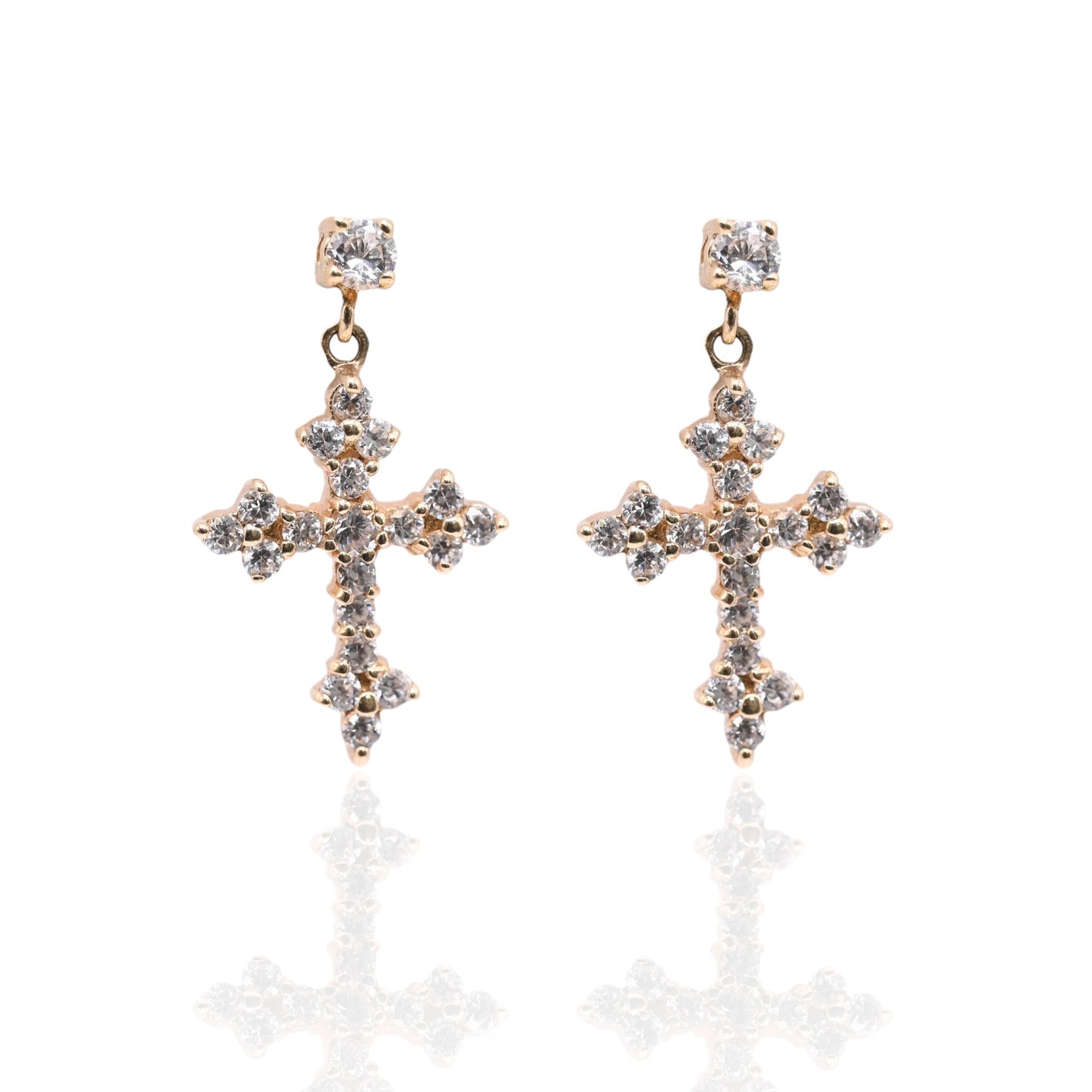 Cubic Zirconia Budded Cross Dangle Earrings 14K Yellow Gold