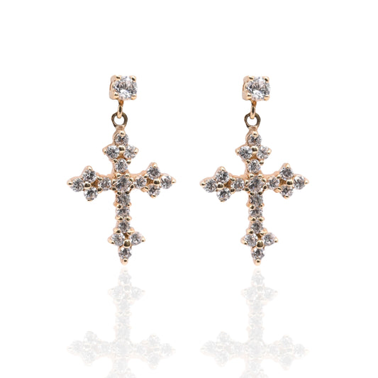 Cubic Zirconia Budded Cross Dangle Earrings 14K Yellow Gold