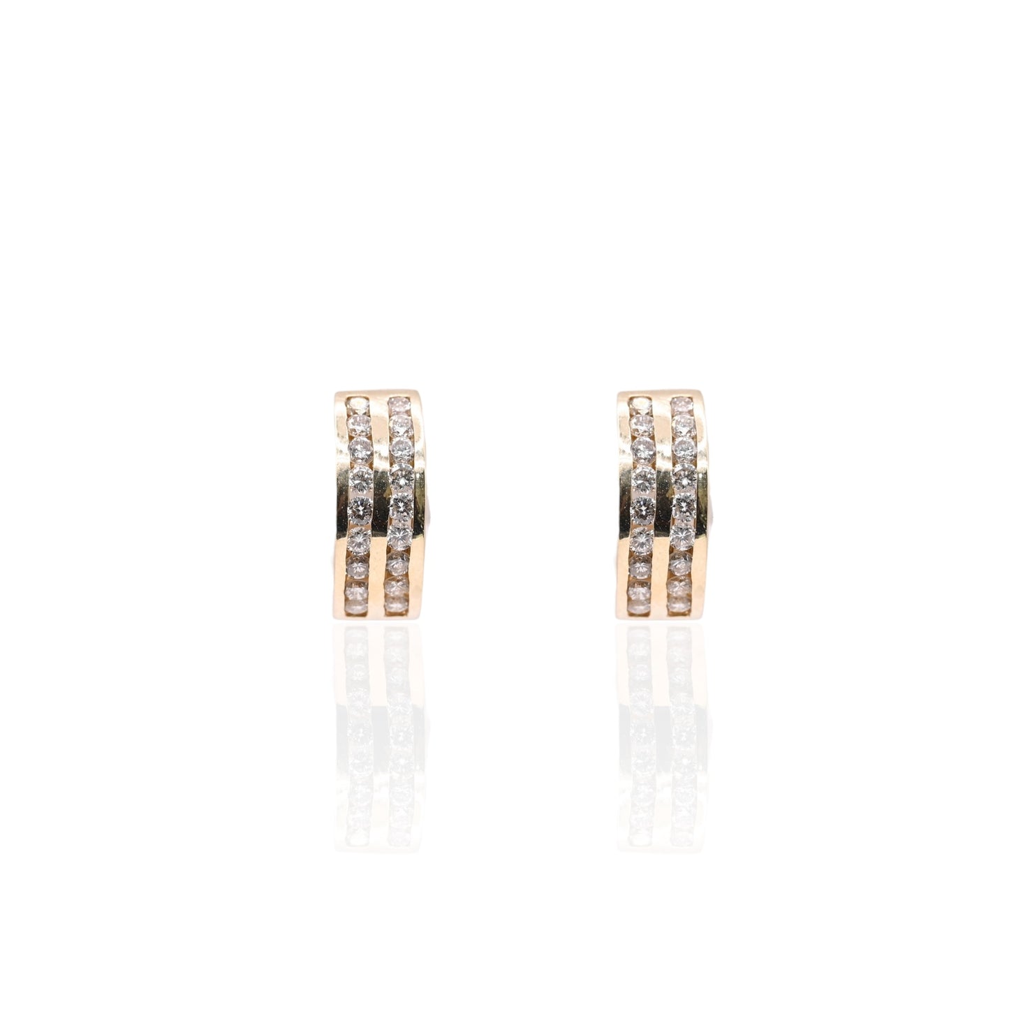 Two Row Channel Set Diamond Huggie Hoop Earrings 14K Yellow Gold 6.00mm Thick/15.04mm Diameter 0.90cttw