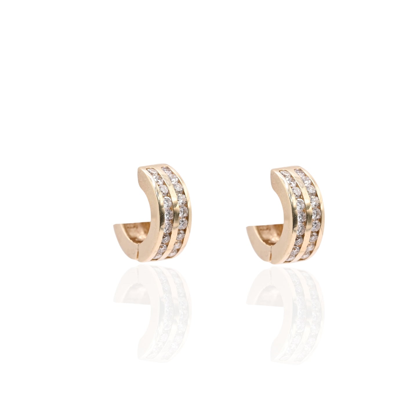 Two Row Channel Set Diamond Huggie Hoop Earrings 14K Yellow Gold 6.00mm Thick/15.04mm Diameter 0.90cttw