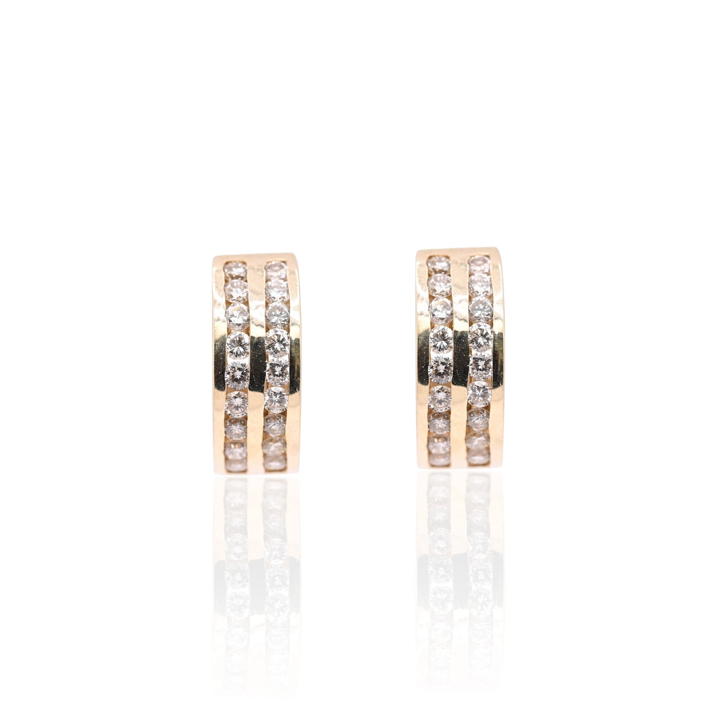 Two Row Channel Set Diamond Huggie Hoop Earrings 14K Yellow Gold 6.00mm Thick/15.04mm Diameter 0.90cttw