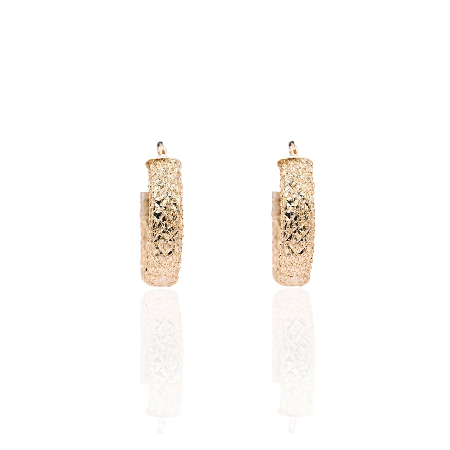 Mesh Diamond Cut Hoop Earrings with Hinge Closure 14K Yellow Gold