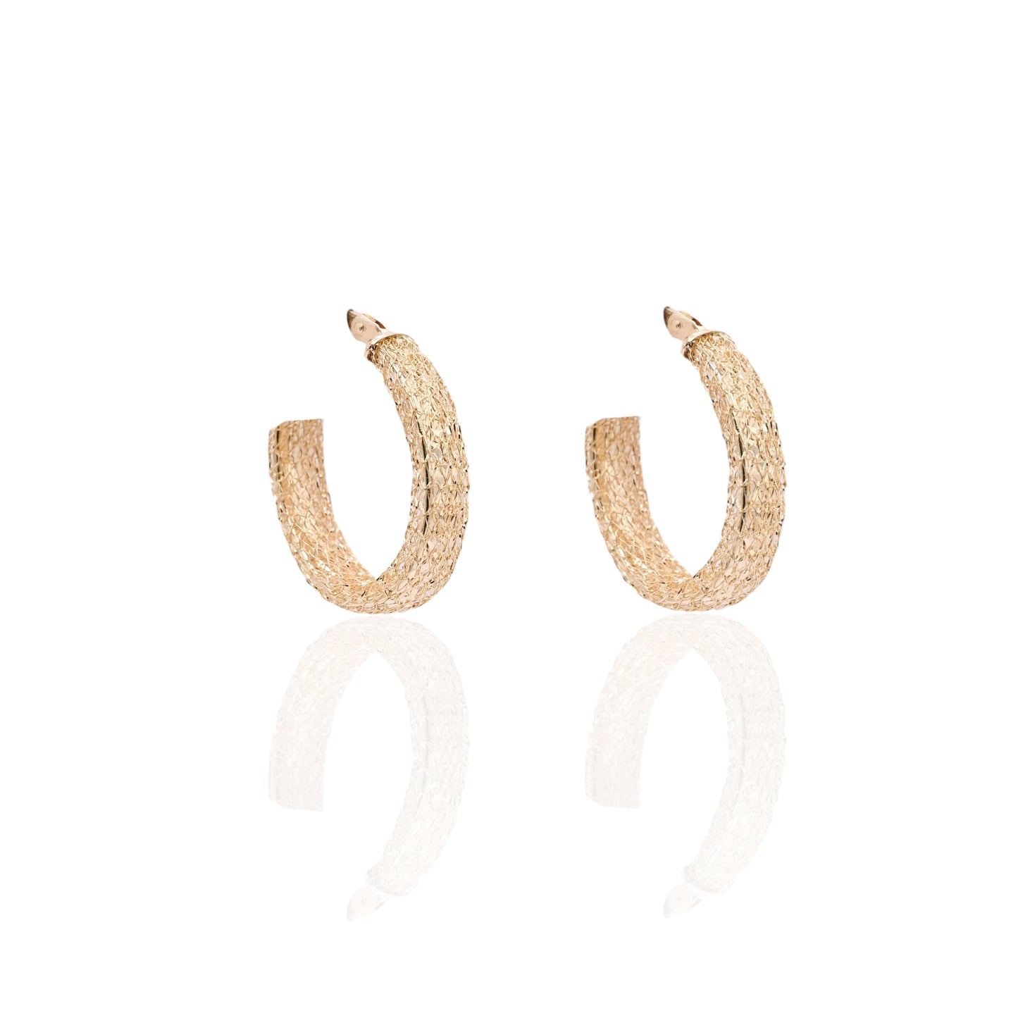 Mesh Diamond Cut Hoop Earrings with Hinge Closure 14K Yellow Gold