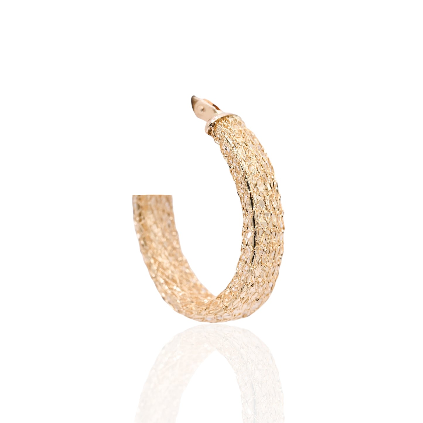 Mesh Diamond Cut Hoop Earrings with Hinge Closure 14K Yellow Gold