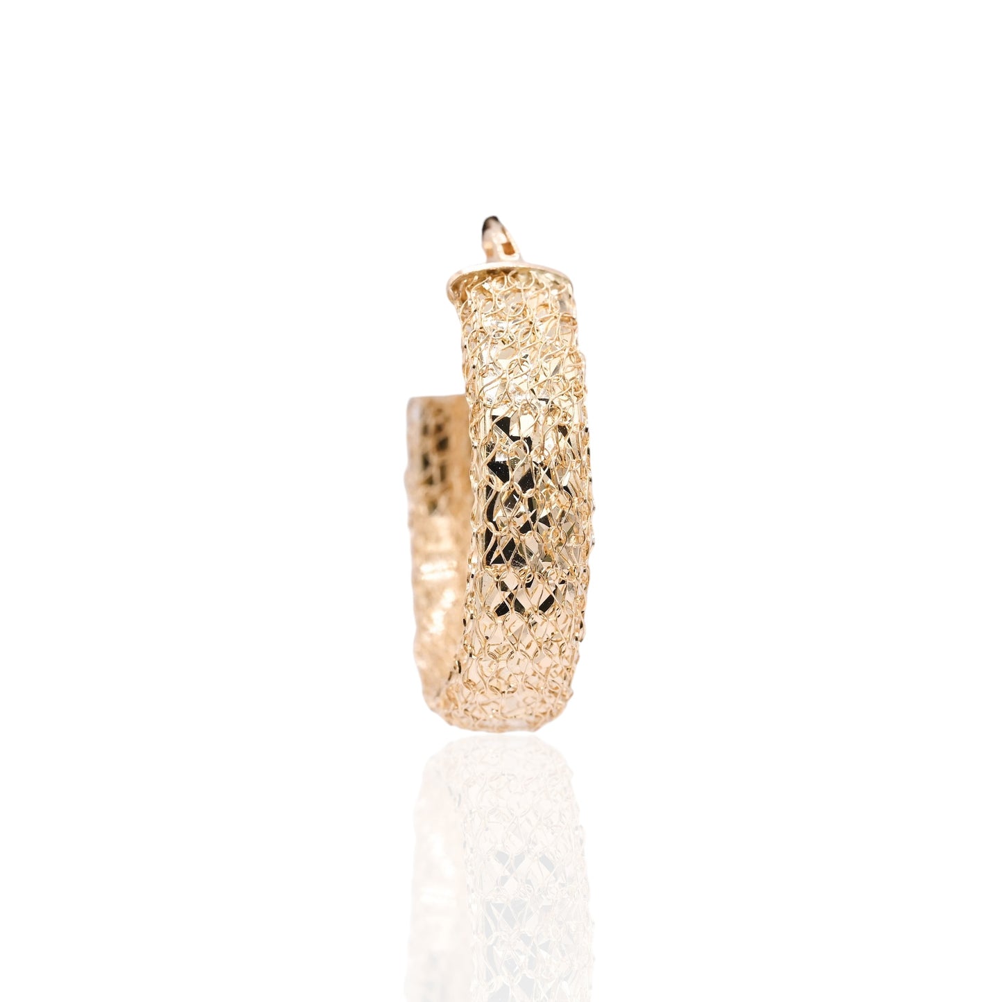 Mesh Diamond Cut Hoop Earrings with Hinge Closure 14K Yellow Gold