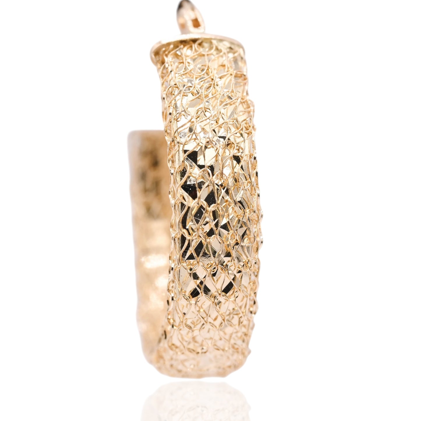 Mesh Diamond Cut Hoop Earrings with Hinge Closure 14K Yellow Gold