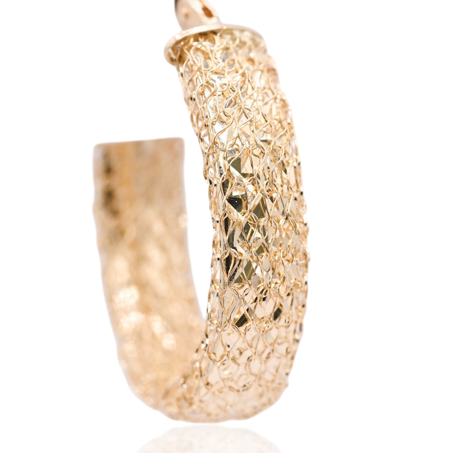 Mesh Diamond Cut Hoop Earrings with Hinge Closure 14K Yellow Gold