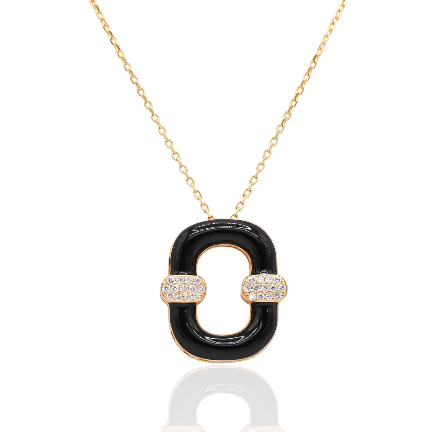 Black Enamel Oval Necklace with Diamonds on 14K Yellow Gold Diamond Cut Adjustable Chain 15in, 16in, and 17in 0.13cttw