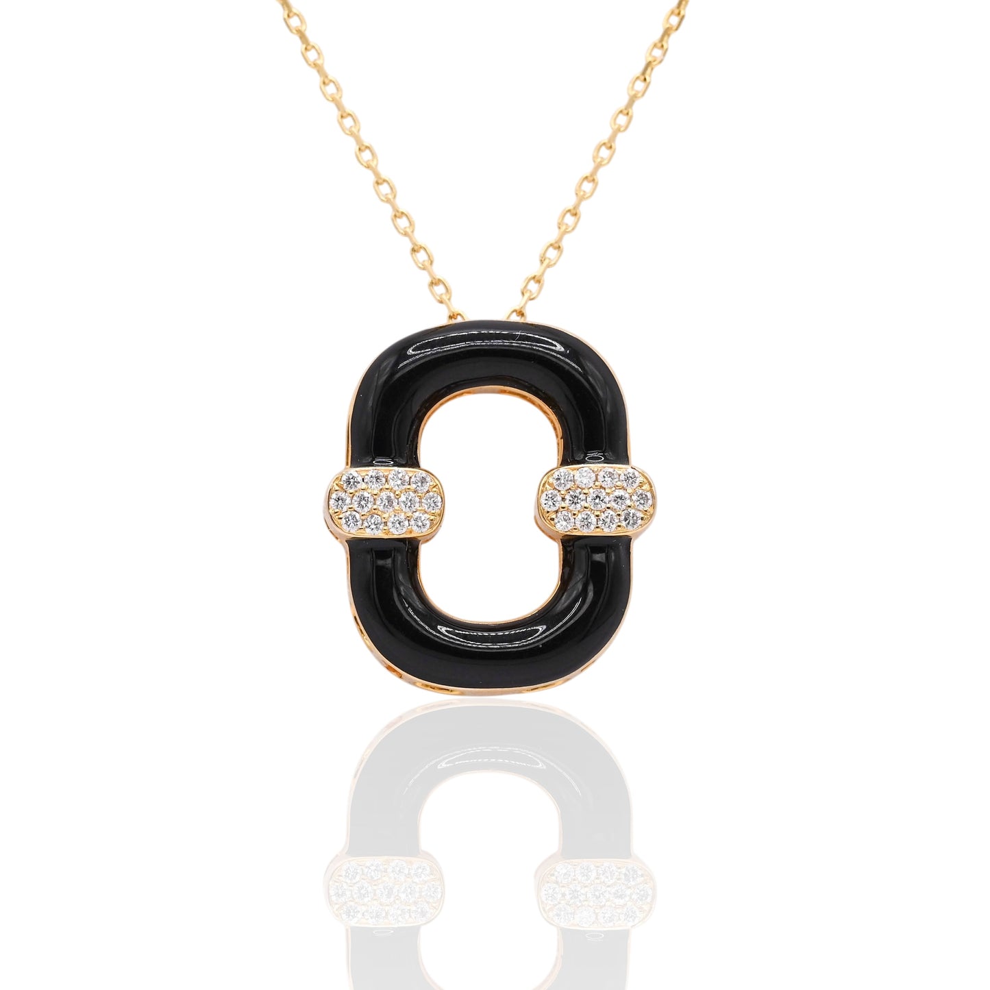 Black Enamel Oval Necklace with Diamonds on 14K Yellow Gold Diamond Cut Adjustable Chain 15in, 16in, and 17in 0.13cttw