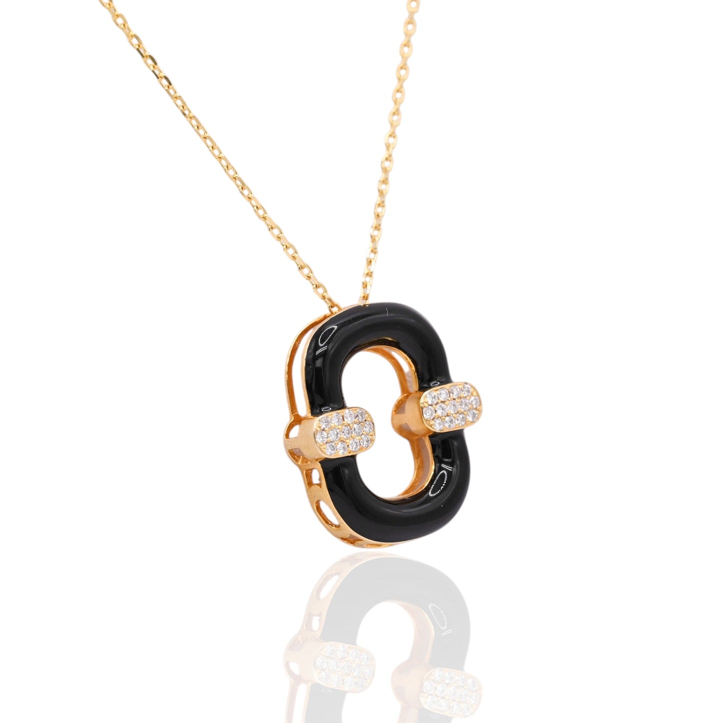 Black Enamel Oval Necklace with Diamonds on 14K Yellow Gold Diamond Cut Adjustable Chain 15in, 16in, and 17in 0.13cttw