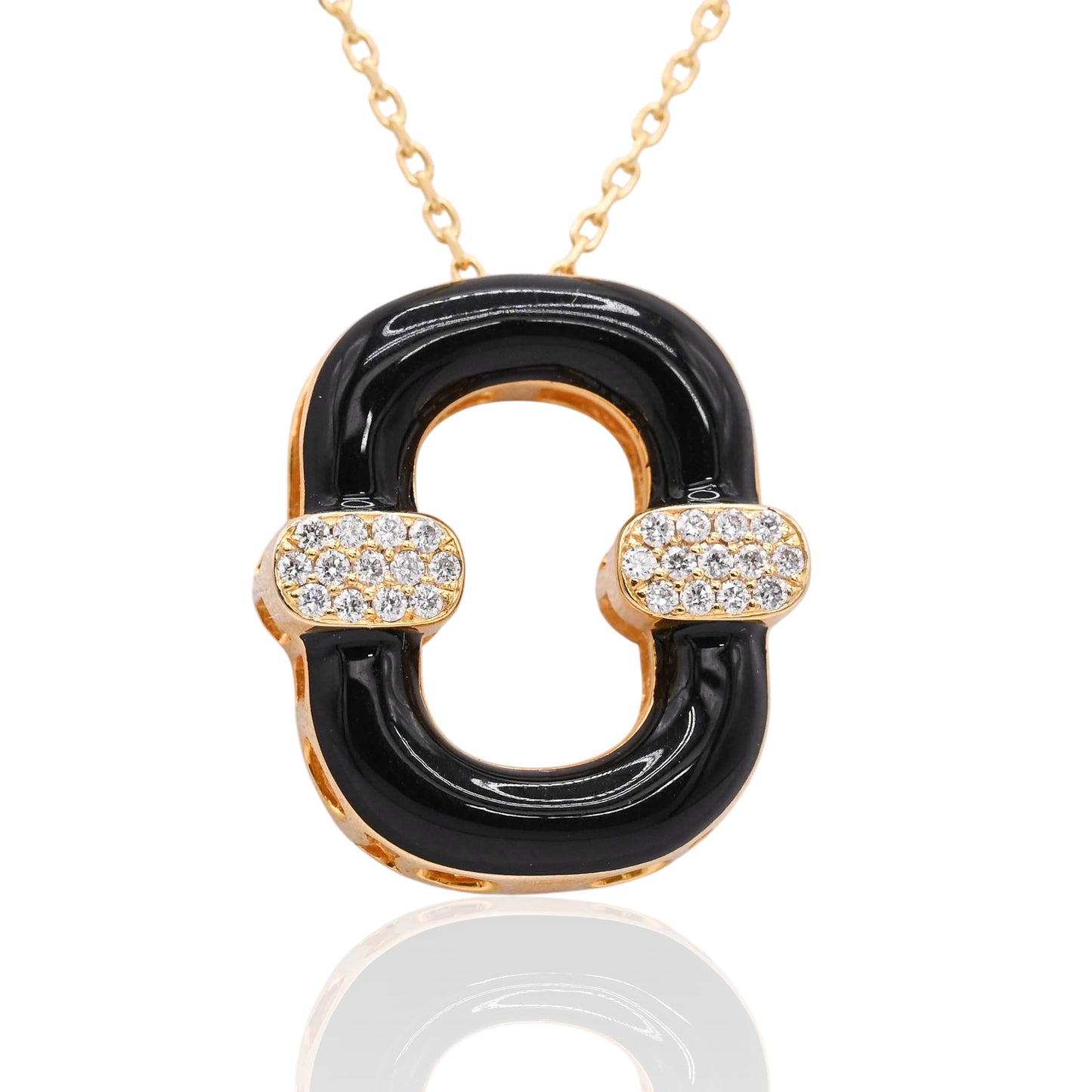 Black Enamel Oval Necklace with Diamonds on 14K Yellow Gold Diamond Cut Adjustable Chain 15in, 16in, and 17in 0.13cttw