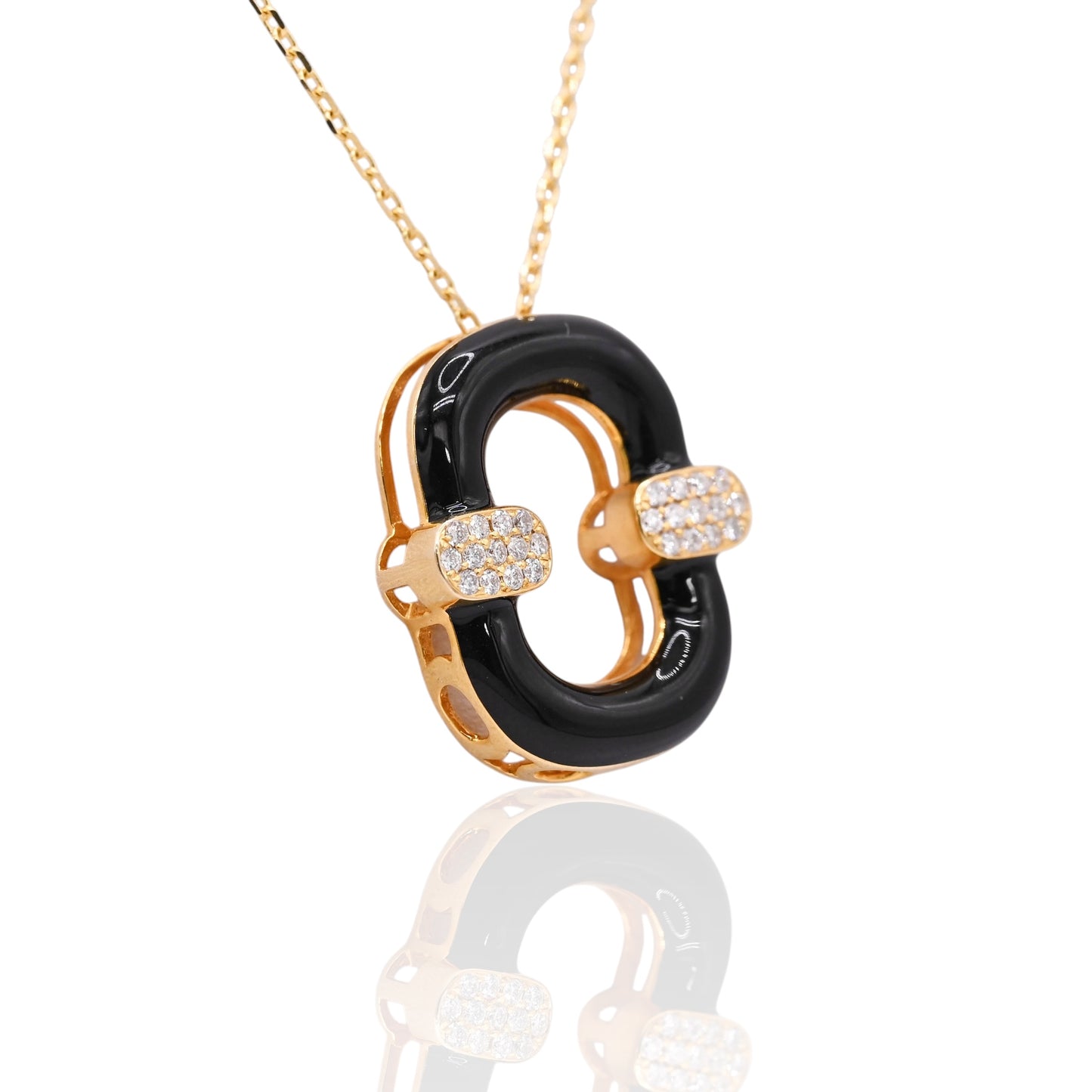 Black Enamel Oval Necklace with Diamonds on 14K Yellow Gold Diamond Cut Adjustable Chain 15in, 16in, and 17in 0.13cttw