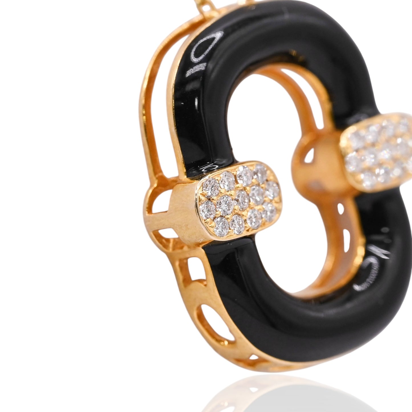 Black Enamel Oval Necklace with Diamonds on 14K Yellow Gold Diamond Cut Adjustable Chain 15in, 16in, and 17in 0.13cttw