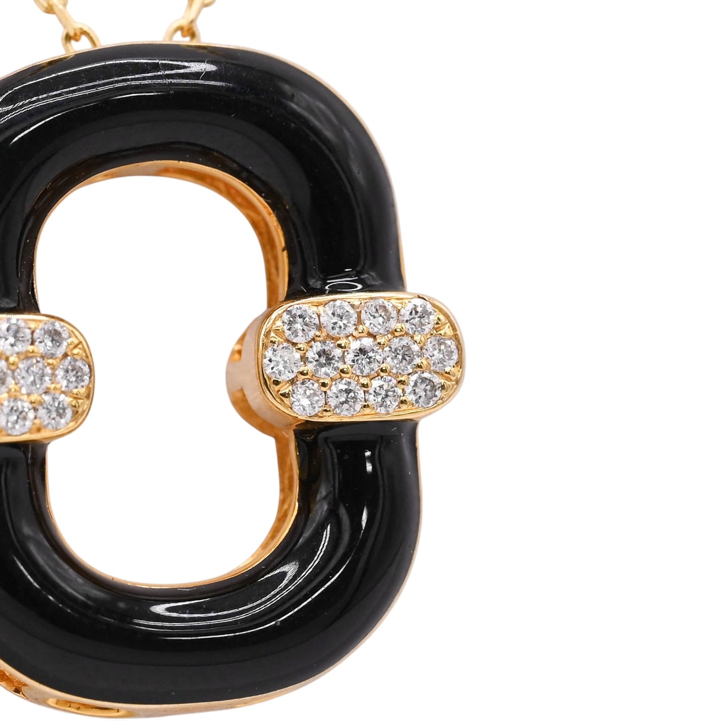 Black Enamel Oval Necklace with Diamonds on 14K Yellow Gold Diamond Cut Adjustable Chain 15in, 16in, and 17in 0.13cttw