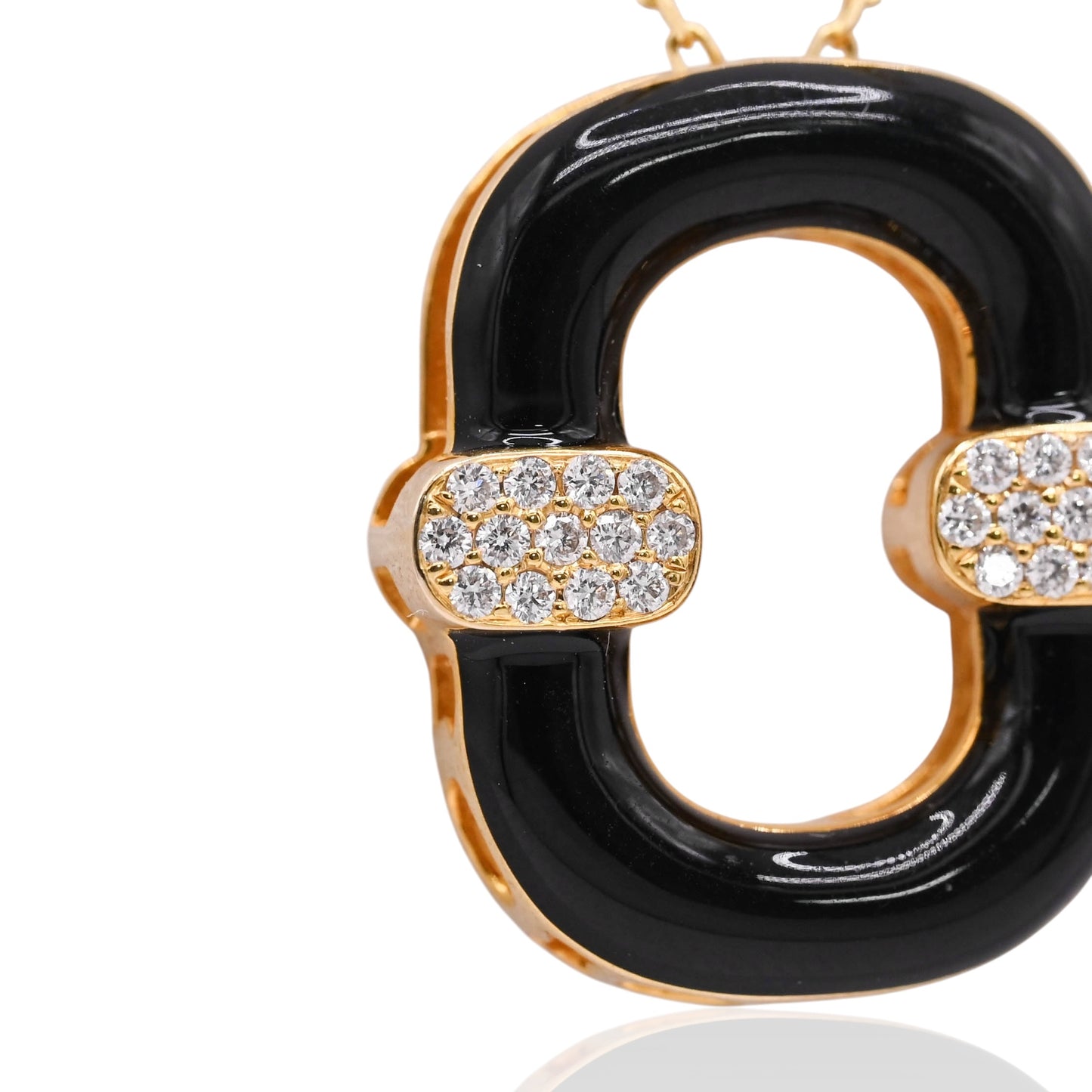 Black Enamel Oval Necklace with Diamonds on 14K Yellow Gold Diamond Cut Adjustable Chain 15in, 16in, and 17in 0.13cttw