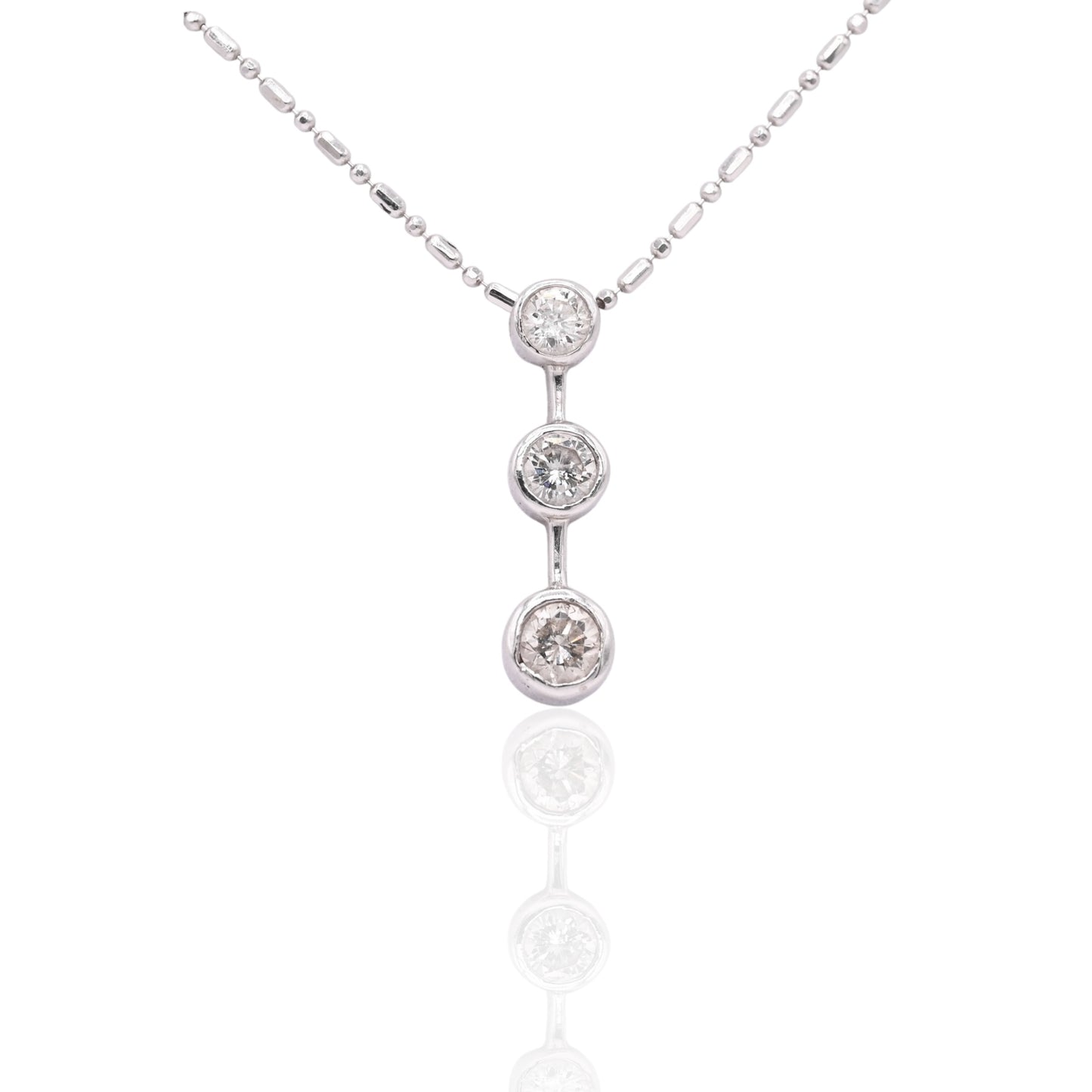 3 Stone Bezel Diamond Necklace 14K White Gold with Beaded Chain 18in 0.41cttw
