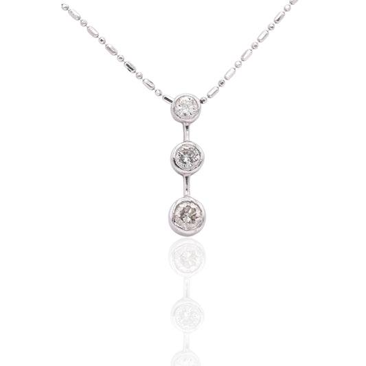 3 Stone Bezel Diamond Necklace 14K White Gold with Beaded Chain 18in 0.41cttw