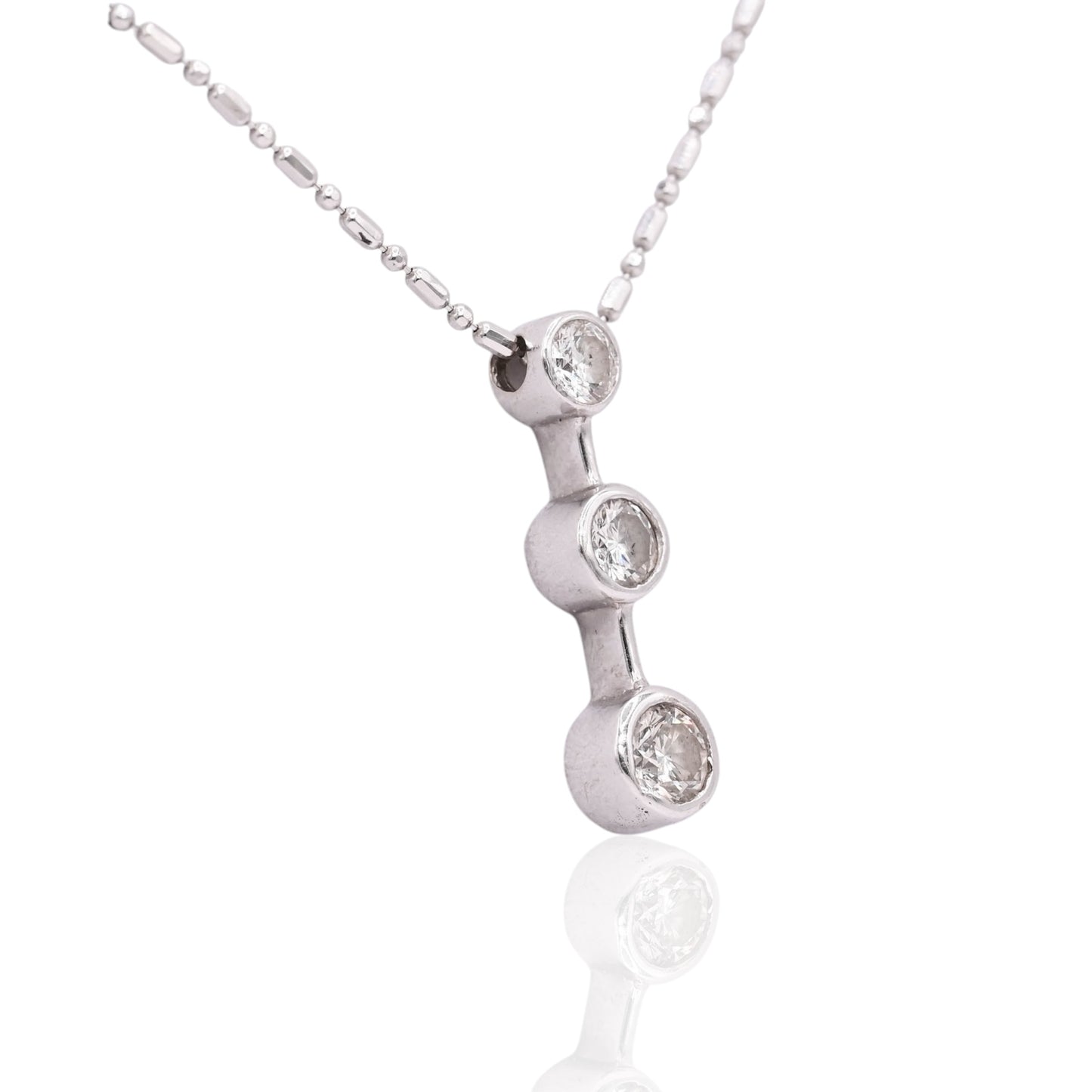 3 Stone Bezel Diamond Necklace 14K White Gold with Beaded Chain 18in 0.41cttw