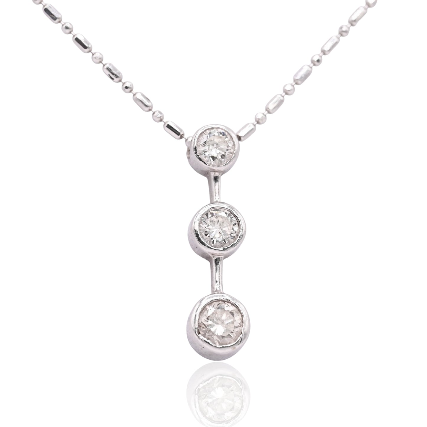 3 Stone Bezel Diamond Necklace 14K White Gold with Beaded Chain 18in 0.41cttw