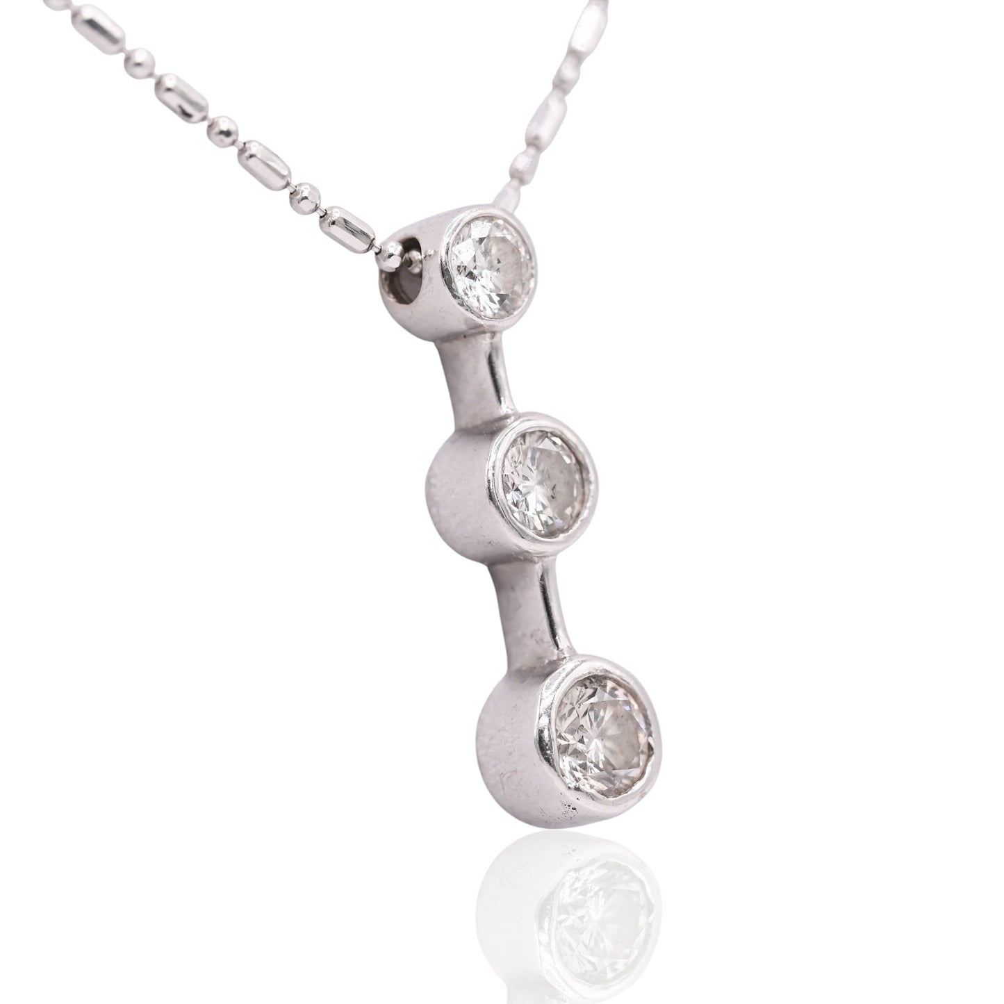 3 Stone Bezel Diamond Necklace 14K White Gold with Beaded Chain 18in 0.41cttw