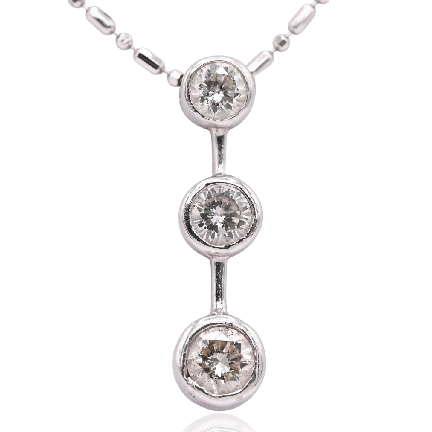 3 Stone Bezel Diamond Necklace 14K White Gold with Beaded Chain 18in 0.41cttw