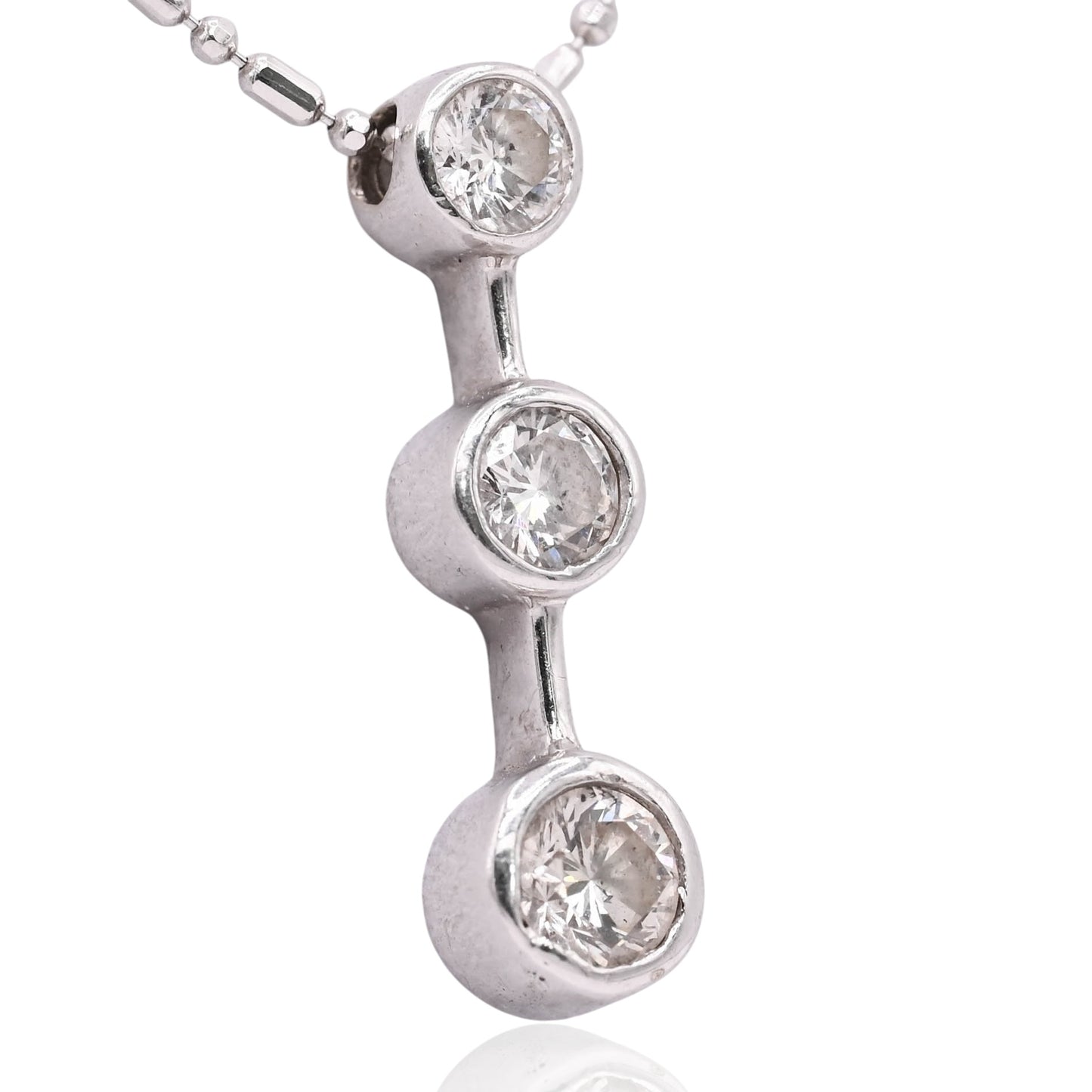 3 Stone Bezel Diamond Necklace 14K White Gold with Beaded Chain 18in 0.41cttw