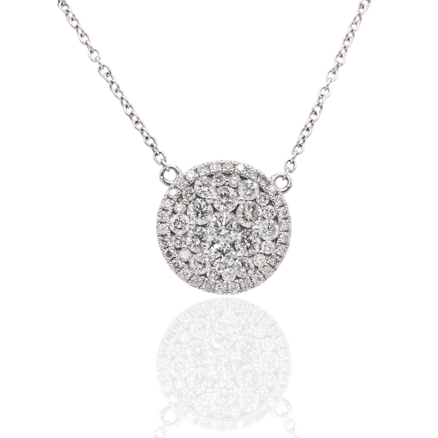 Round Cluster Diamond Necklace 14K White Gold with Cable Chain 18in 1.14cttw
