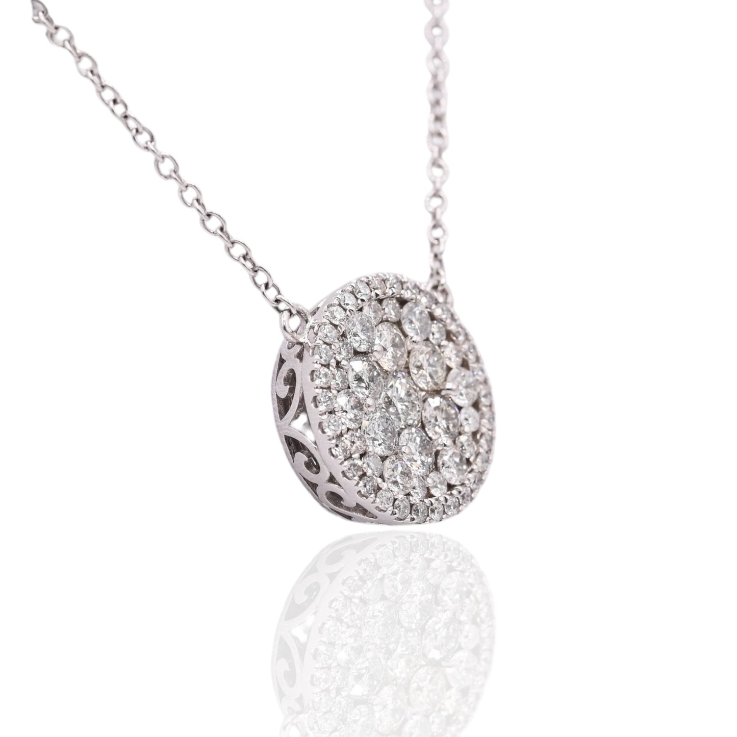 Round Cluster Diamond Necklace 14K White Gold with Cable Chain 18in 1.14cttw