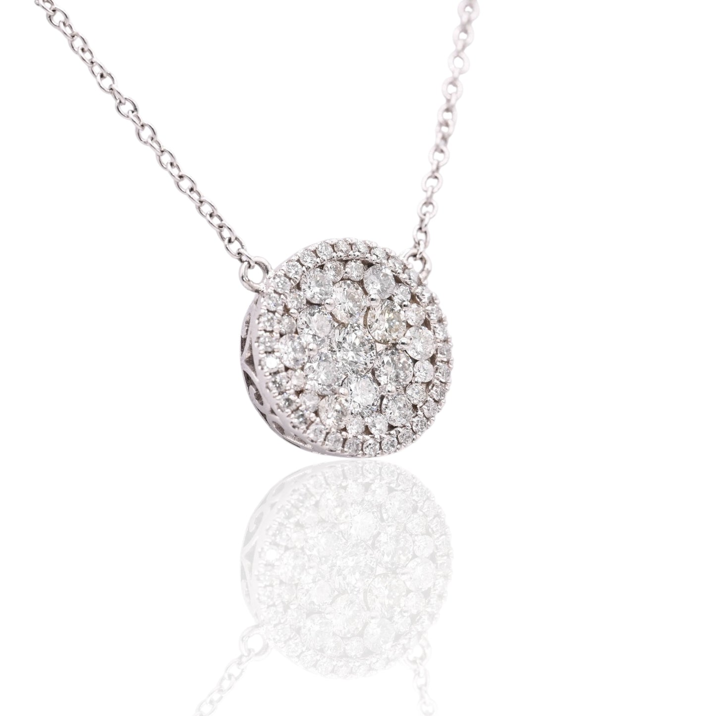 Round Cluster Diamond Necklace 14K White Gold with Cable Chain 18in 1.14cttw