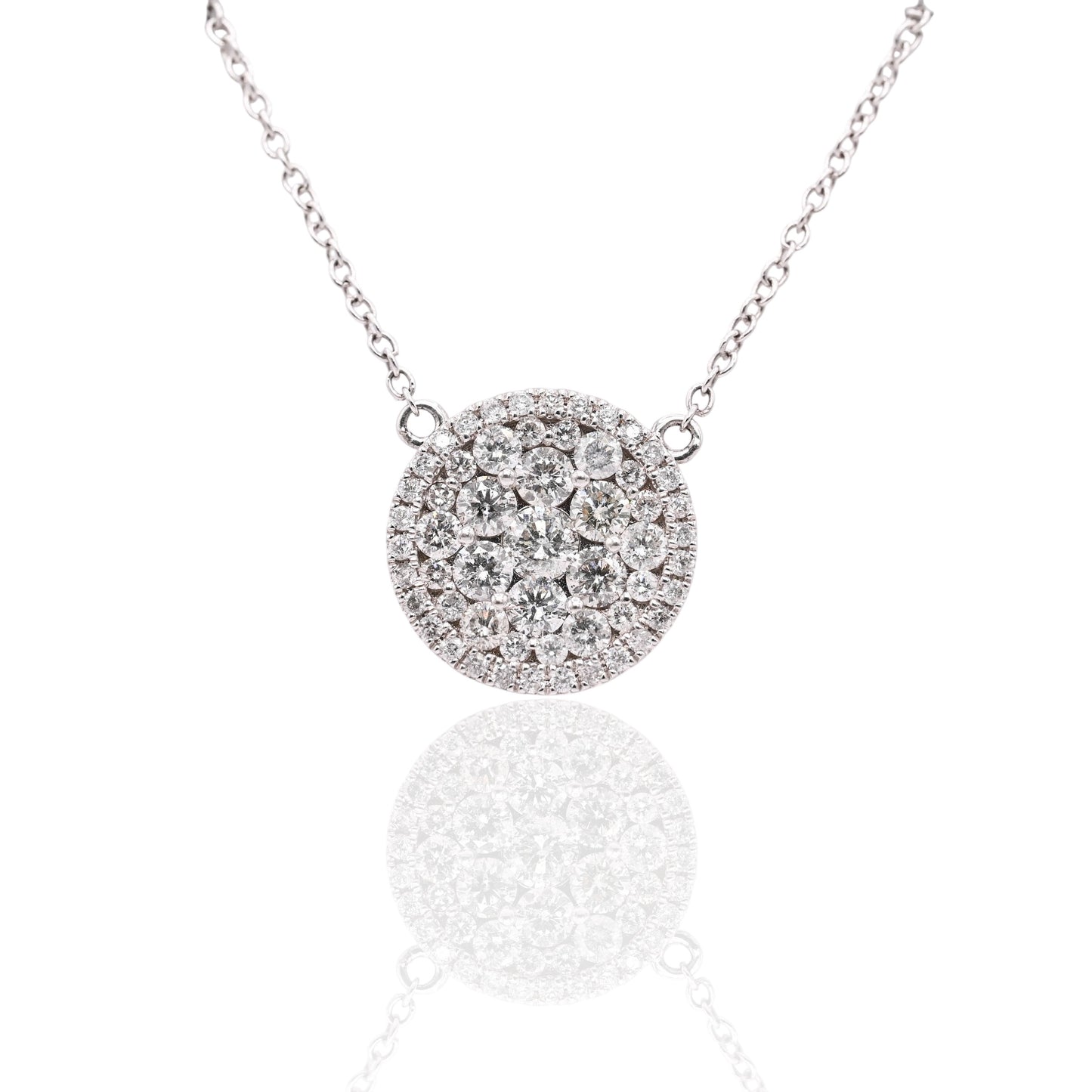 Round Cluster Diamond Necklace 14K White Gold with Cable Chain 18in 1.14cttw