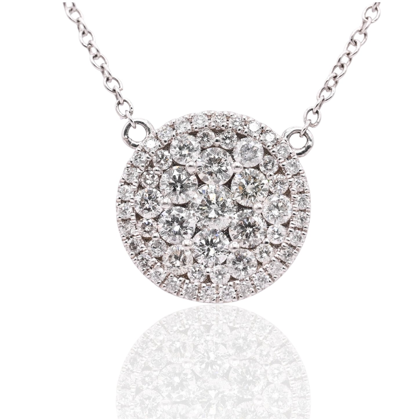 Round Cluster Diamond Necklace 14K White Gold with Cable Chain 18in 1.14cttw