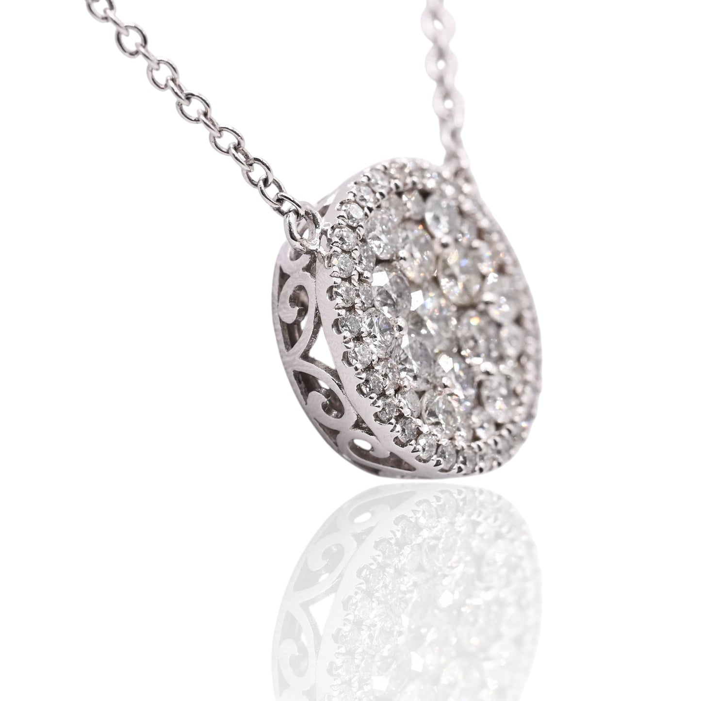 Round Cluster Diamond Necklace 14K White Gold with Cable Chain 18in 1.14cttw
