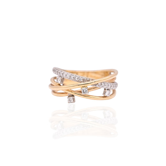 Diamond Criss-Cross Ring Two Tone 18K Yellow Gold and 18K White Gold Size 8 0.15cttw