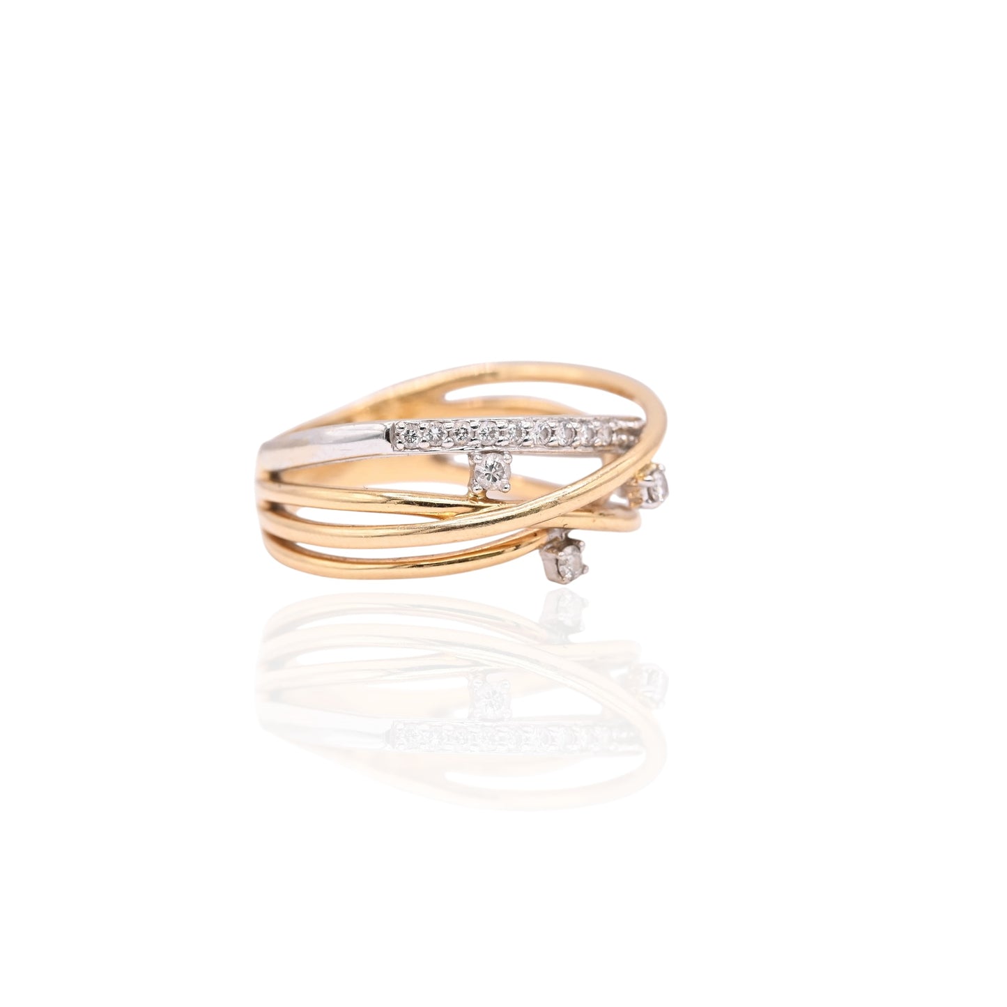 Diamond Criss-Cross Ring Two Tone 18K Yellow Gold and 18K White Gold Size 8 0.15cttw