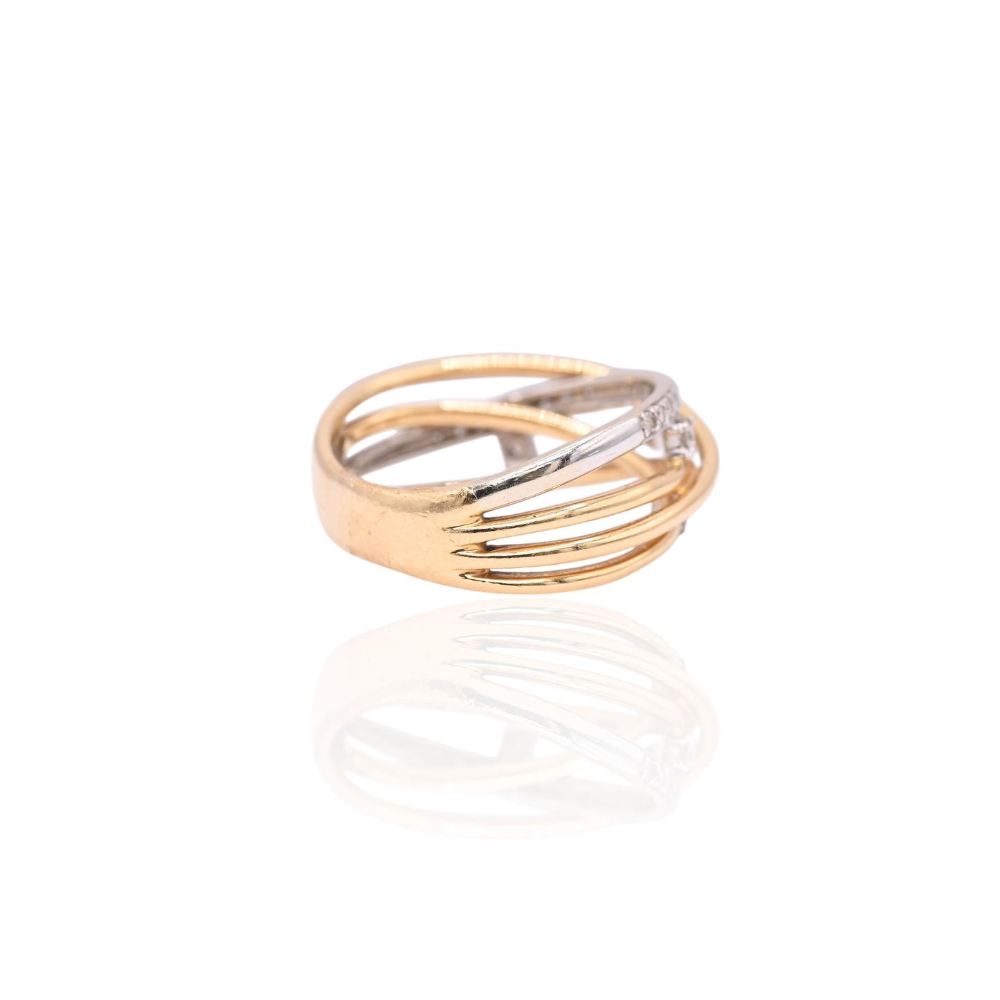 Diamond Criss-Cross Ring Two Tone 18K Yellow Gold and 18K White Gold Size 8 0.15cttw