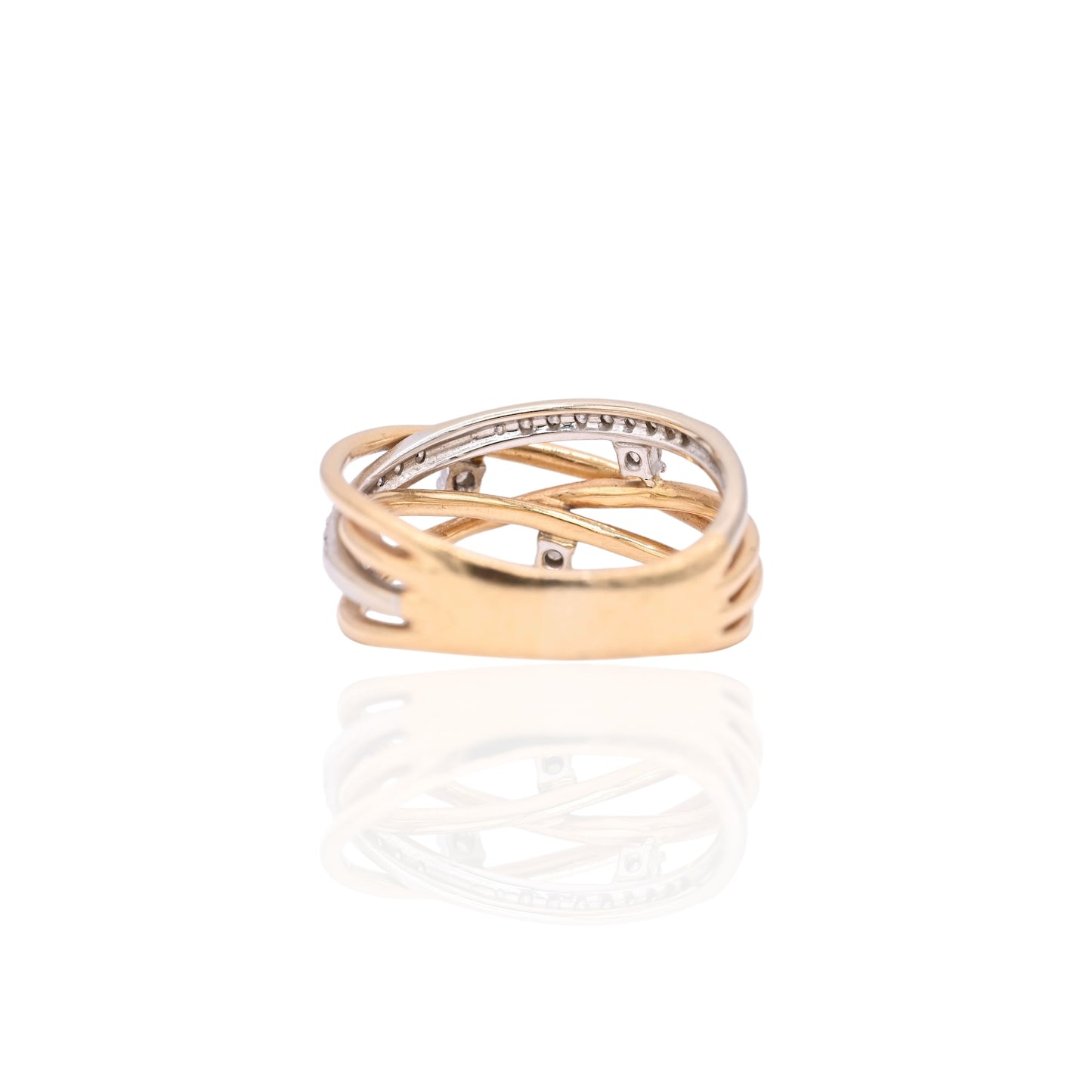Diamond Criss-Cross Ring Two Tone 18K Yellow Gold and 18K White Gold Size 8 0.15cttw