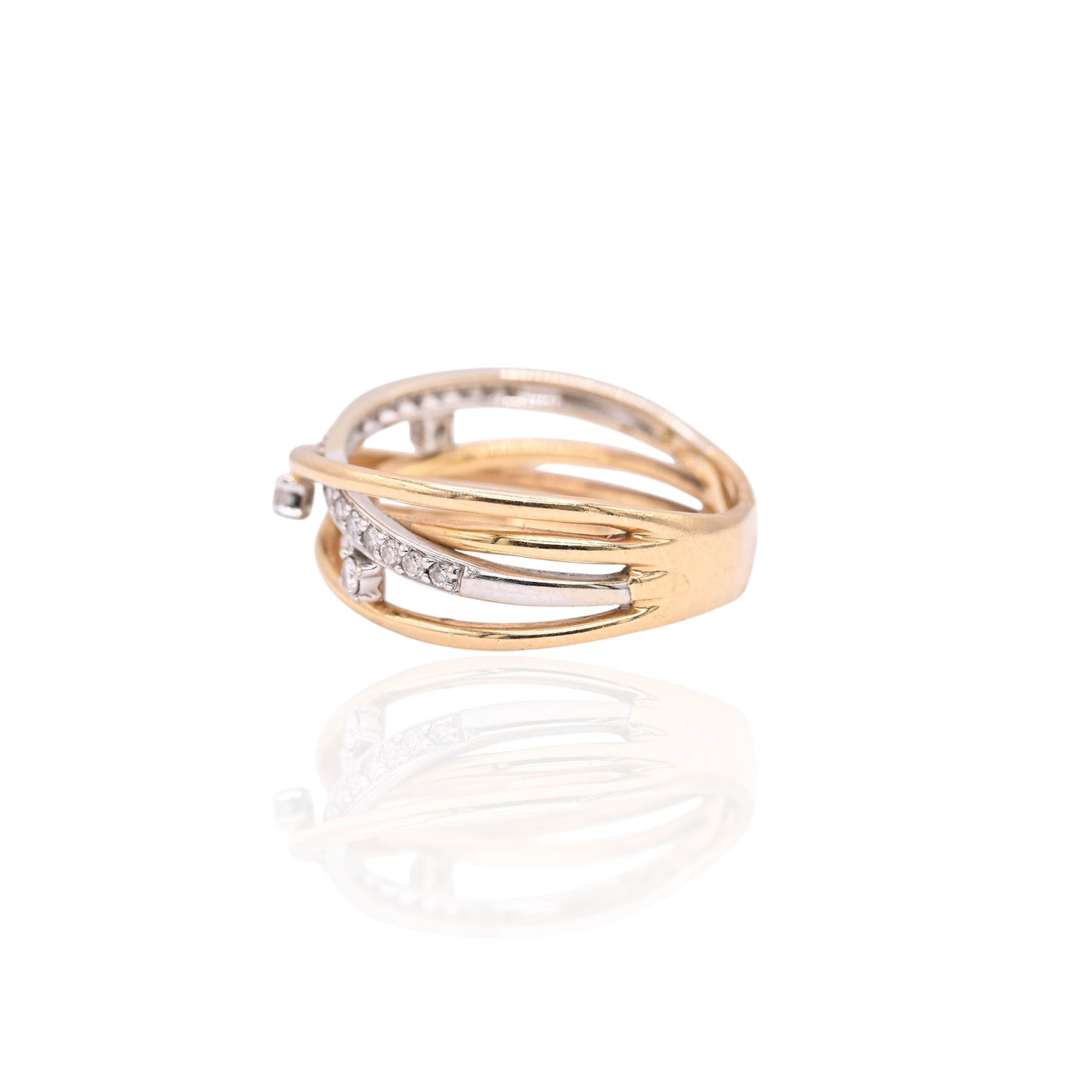 Diamond Criss-Cross Ring Two Tone 18K Yellow Gold and 18K White Gold Size 8 0.15cttw