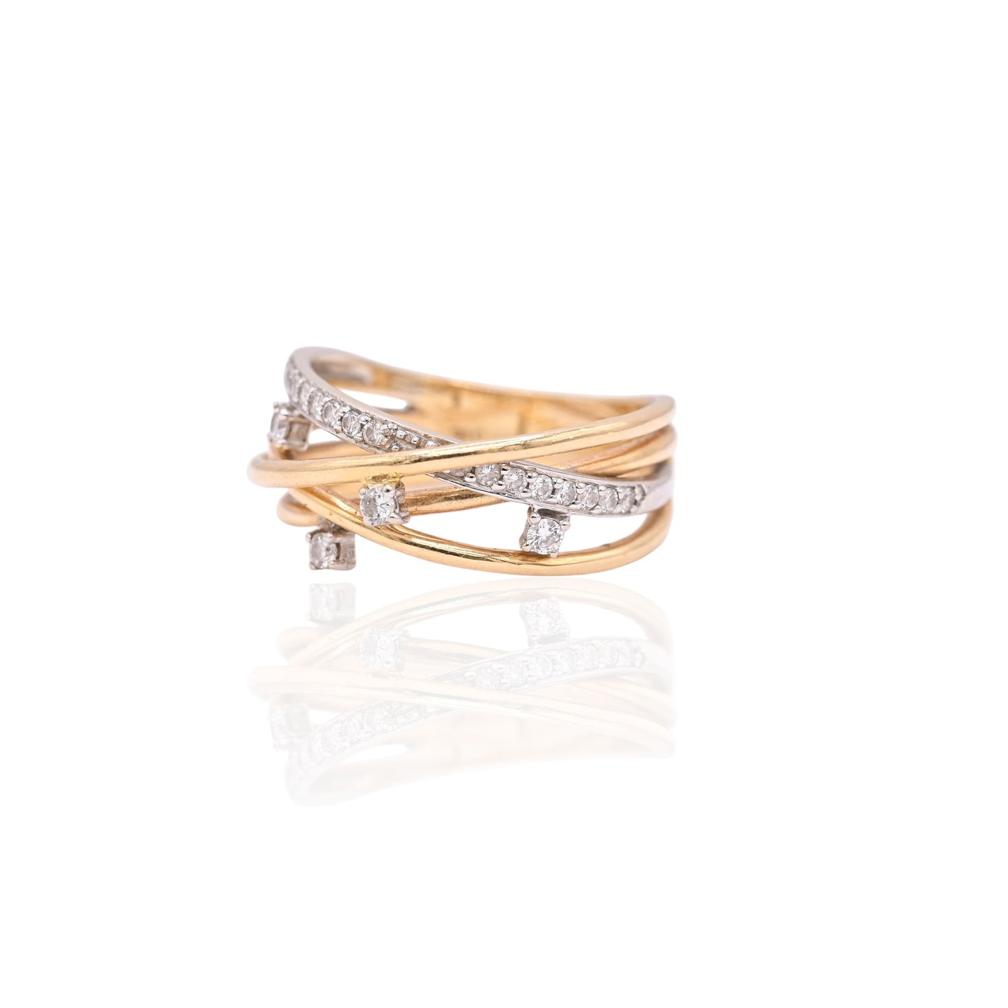 Diamond Criss-Cross Ring Two Tone 18K Yellow Gold and 18K White Gold Size 8 0.15cttw