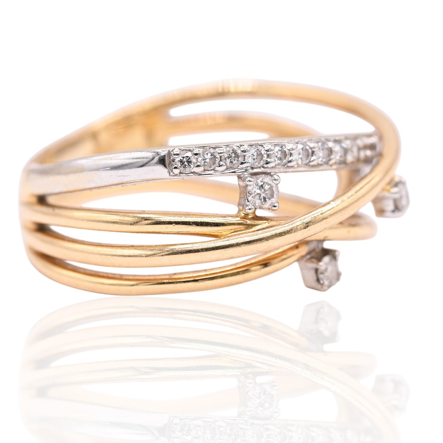 Diamond Criss-Cross Ring Two Tone 18K Yellow Gold and 18K White Gold Size 8 0.15cttw