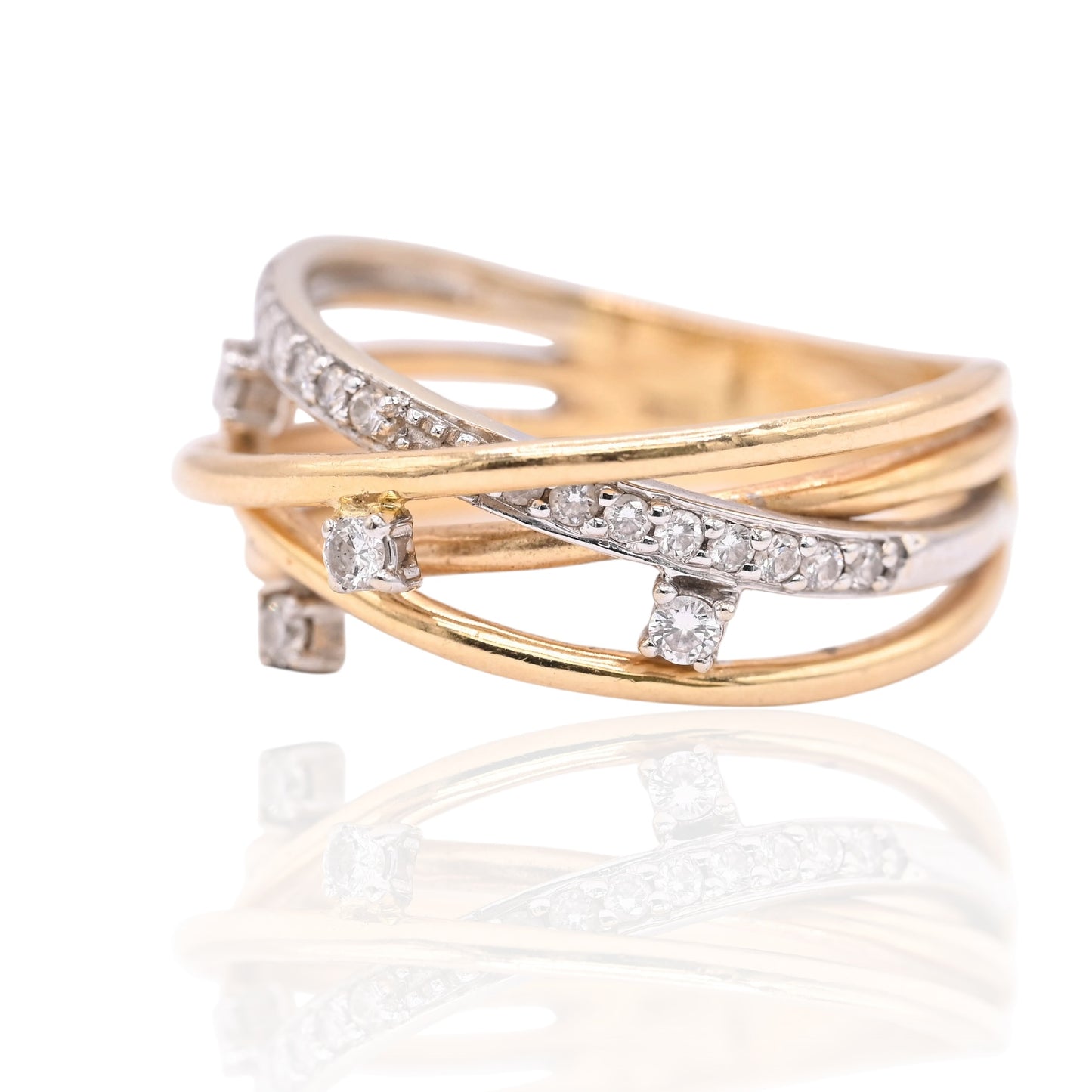 Diamond Criss-Cross Ring Two Tone 18K Yellow Gold and 18K White Gold Size 8 0.15cttw