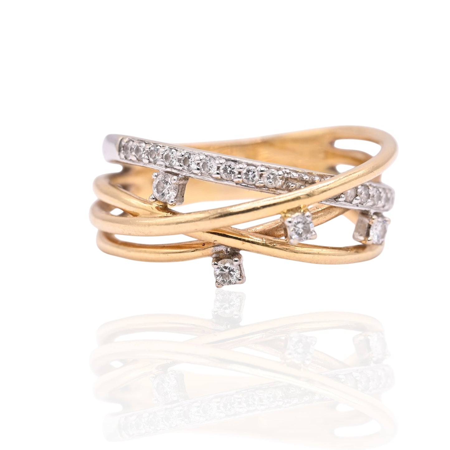 Diamond Criss-Cross Ring Two Tone 18K Yellow Gold and 18K White Gold Size 8 0.15cttw