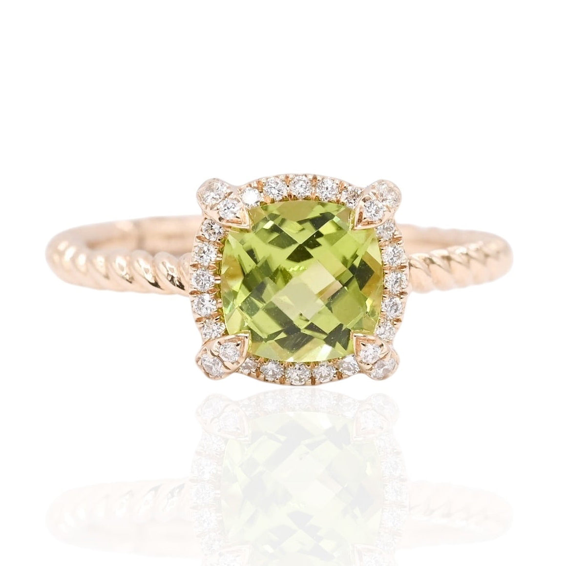 Peridot Braided Ring with Diamond Halo Ring 14K Yellow Gold Size 6.5 1.25ct Peridot/0.20cttw