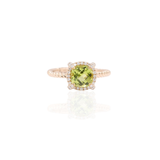 Peridot Braided Ring with Diamond Halo Ring 14K Yellow Gold Size 6.5 1.25ct Peridot/0.20cttw