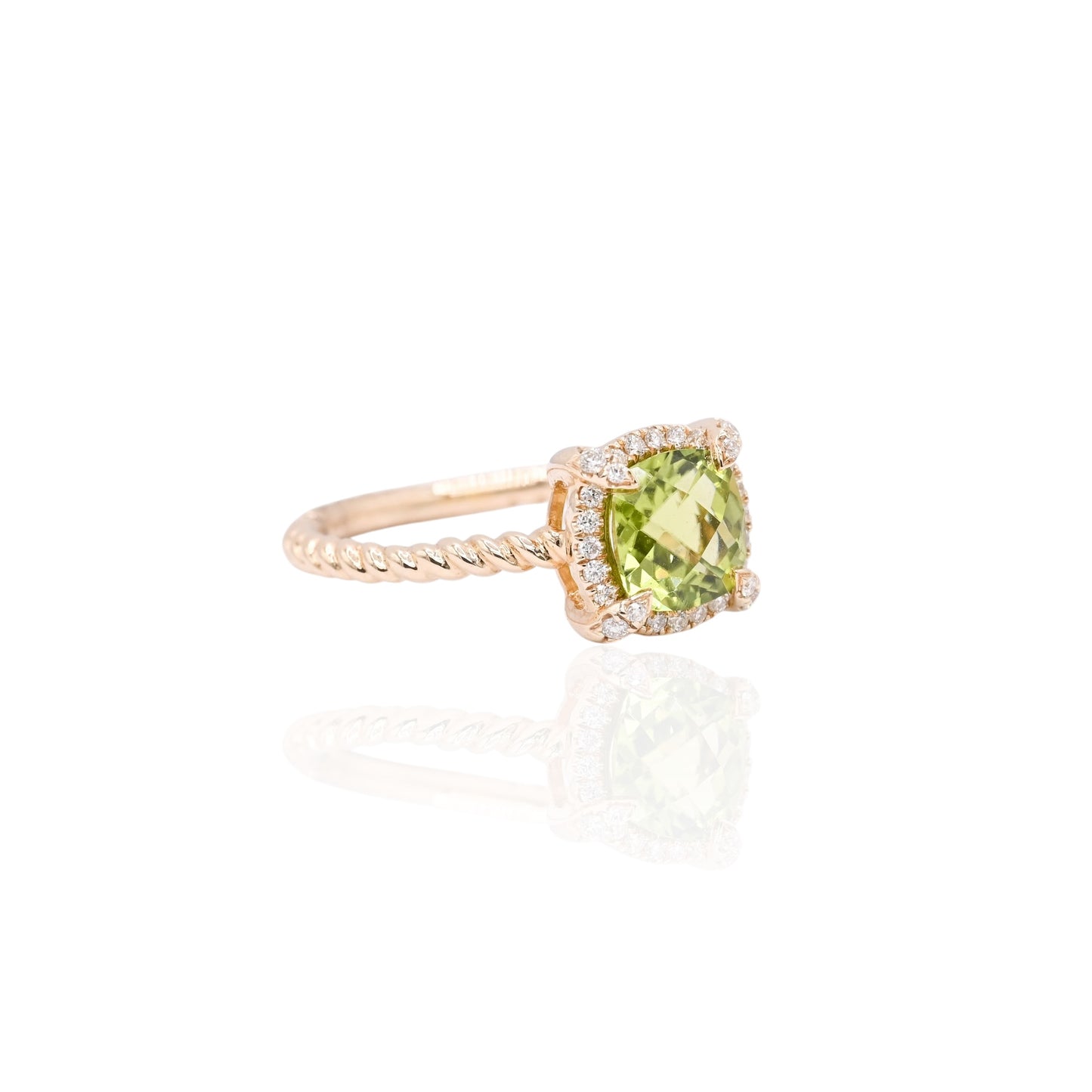 Peridot Braided Ring with Diamond Halo Ring 14K Yellow Gold Size 6.5 1.25ct Peridot/0.20cttw