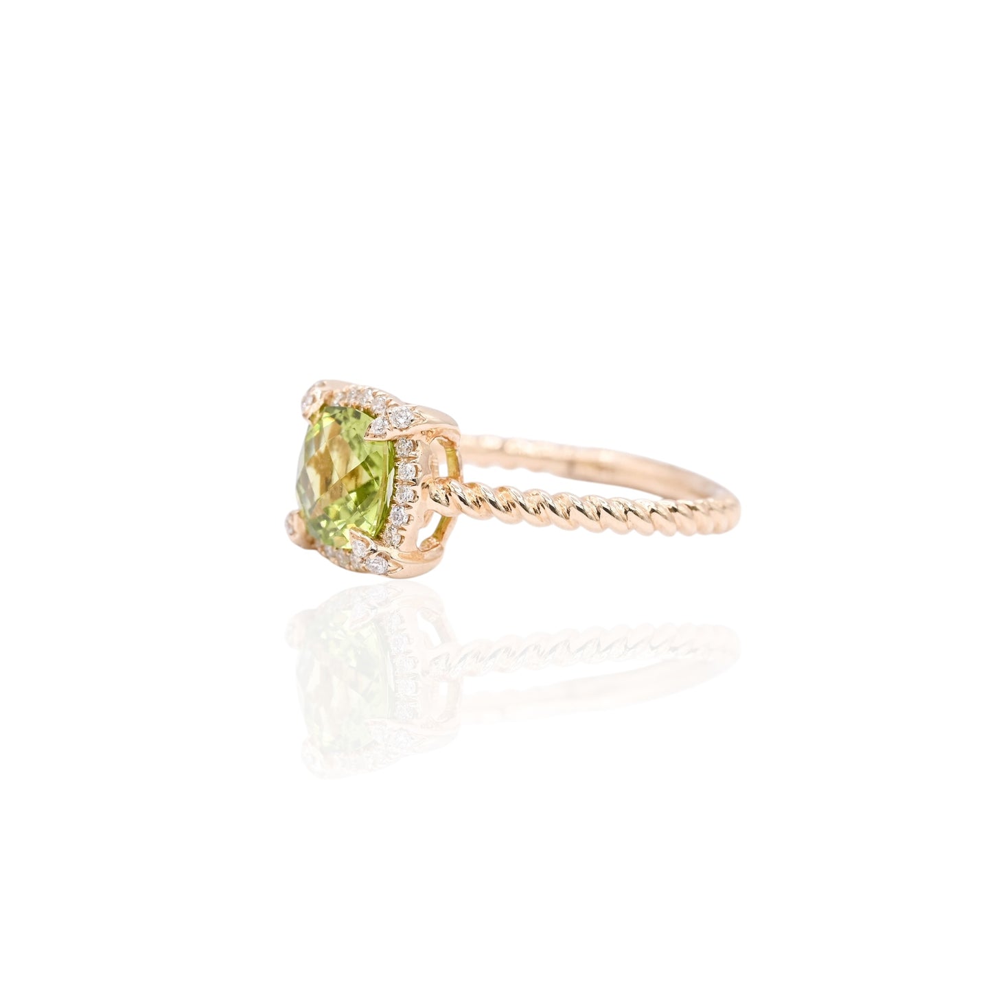 Peridot Braided Ring with Diamond Halo Ring 14K Yellow Gold Size 6.5 1.25ct Peridot/0.20cttw